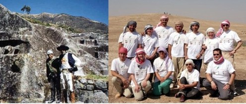 Santiago del Valle ante unhas ruinas incaicas, e expedicionarios en Siria (fotos das súas webs)