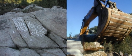 O petroglifo antes e durante a súa remoción.